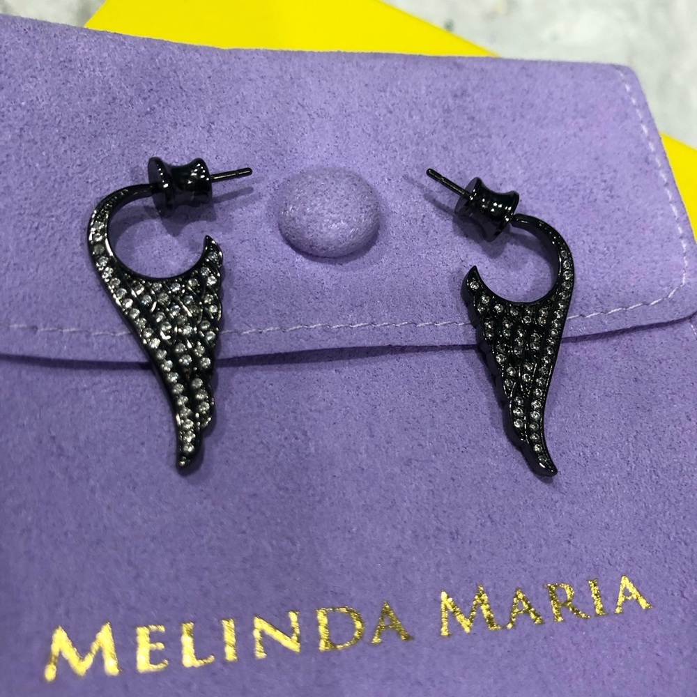 Melinda Maria Gunmetal Wing Hoop Earrings with Crystal Accents - Picture 6 of 7